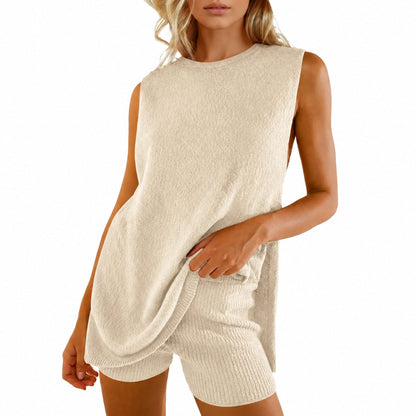 🏆New Style-68%OFF🔥Women's 2 Piece Outfits Summer Knit Sweater Set Sleeveless Tunic Top Matching Shorts