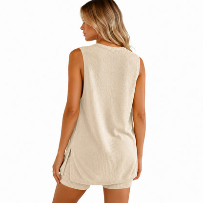 🏆New Style-68%OFF🔥Women's 2 Piece Outfits Summer Knit Sweater Set Sleeveless Tunic Top Matching Shorts