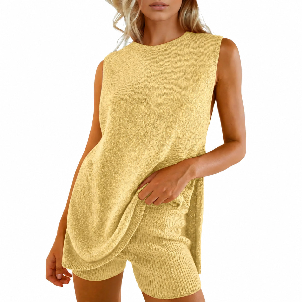 🏆New Style-68%OFF🔥Women's 2 Piece Outfits Summer Knit Sweater Set Sleeveless Tunic Top Matching Shorts
