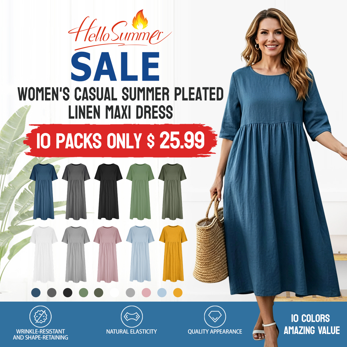 New Summer Cotton Linen Casual Short-Sleeve Dresses