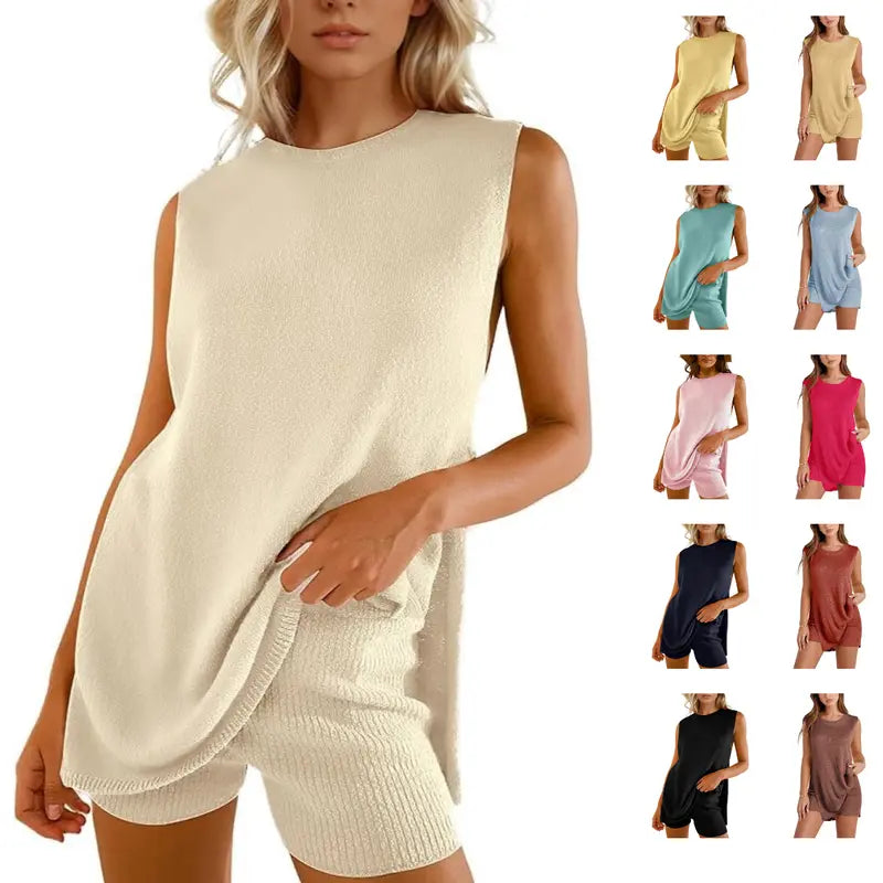 🏆New Style-68%OFF🔥Women's 2 Piece Outfits Summer Knit Sweater Set Sleeveless Tunic Top Matching Shorts