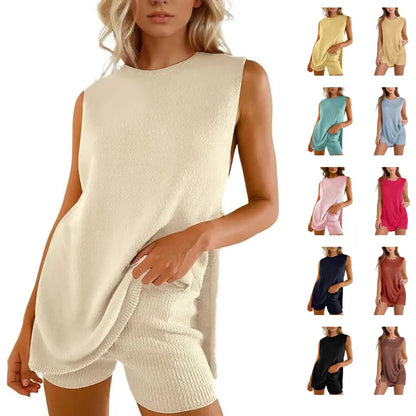 🏆New Style-68%OFF🔥Women's 2 Piece Outfits Summer Knit Sweater Set Sleeveless Tunic Top Matching Shorts
