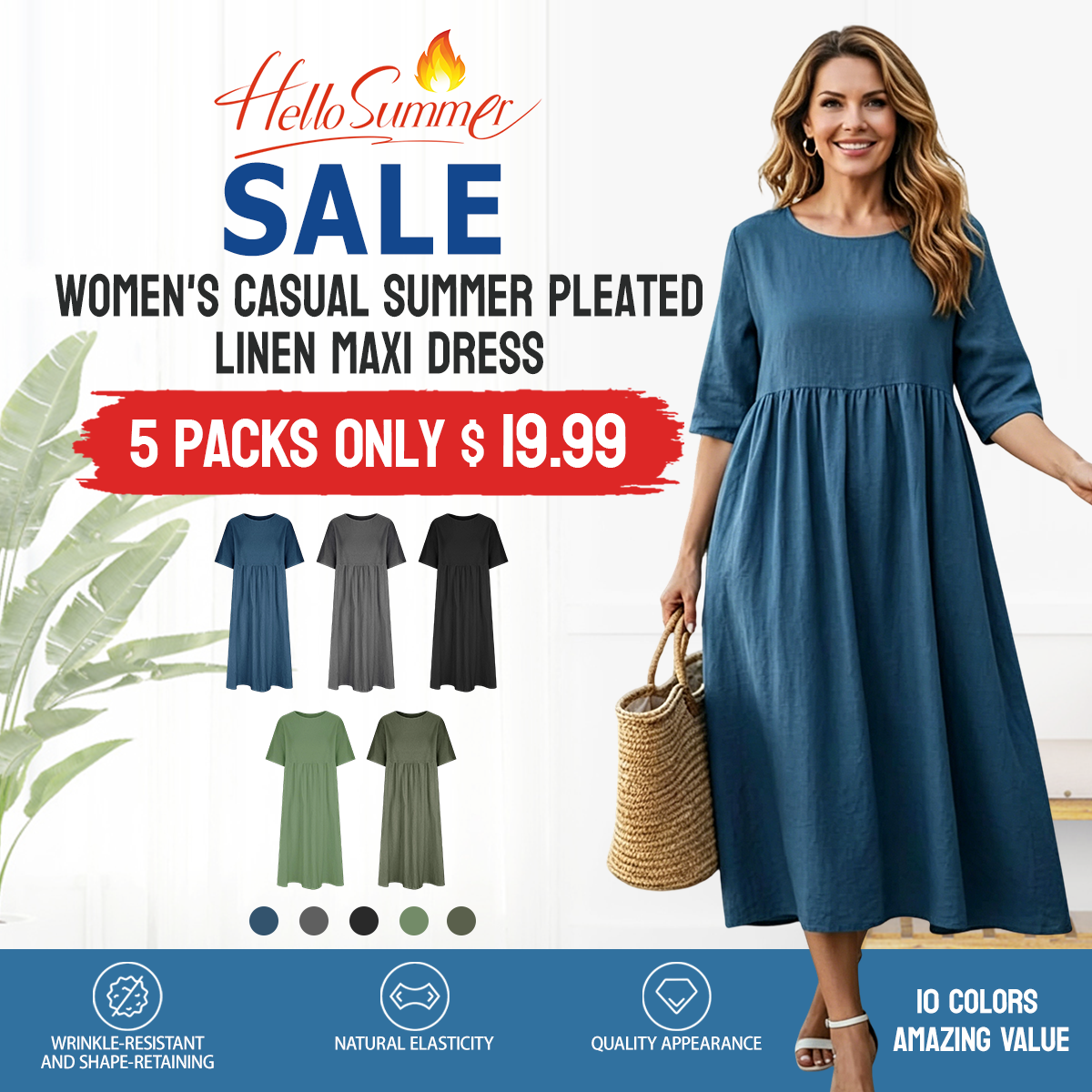 New Summer Cotton Linen Casual Short-Sleeve Dresses