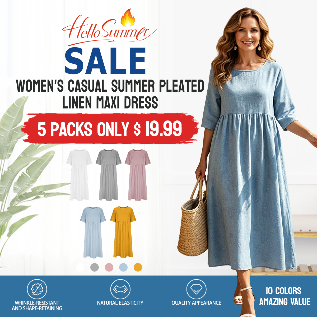 New Summer Cotton Linen Casual Short-Sleeve Dresses