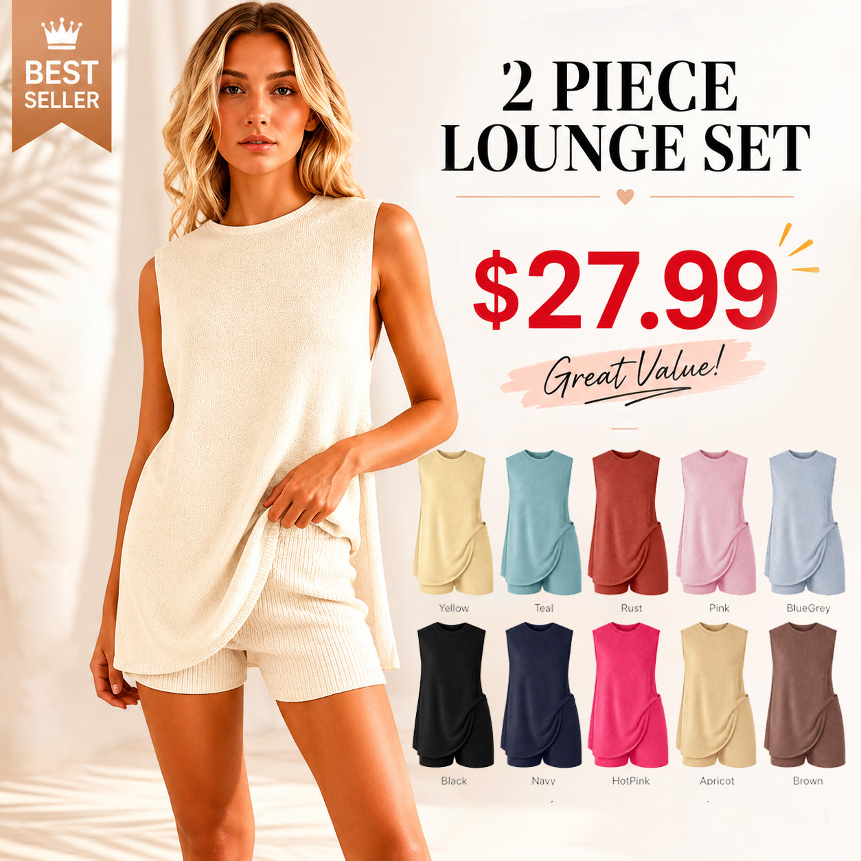 🏆New Style-68%OFF🔥Women's 2 Piece Outfits Summer Knit Sweater Set Sleeveless Tunic Top Matching Shorts